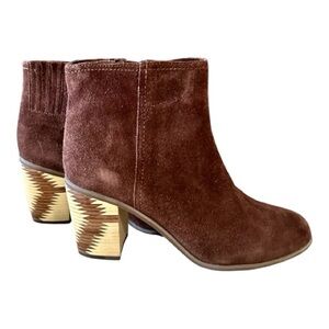 Brown Suede Aztec Western Ankle Boots with cute Wooden Accent Heels